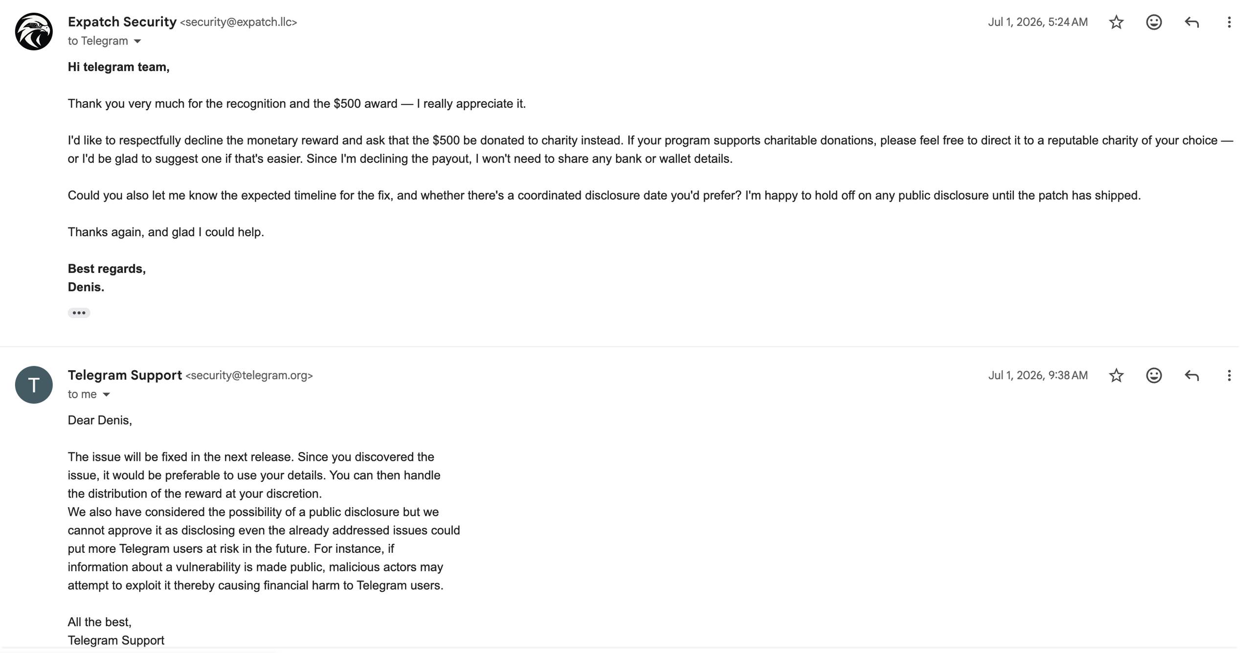 Email exchange with Telegram Support: ExPatch declines the bounty and asks for coordinated disclosure; Telegram Support replies it cannot approve public disclosure even of already addressed issues