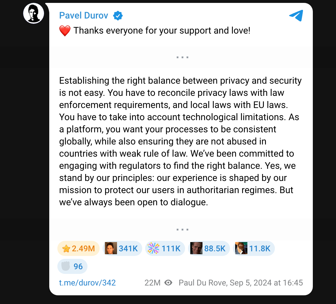 Excerpt from Pavel Durov’s original post