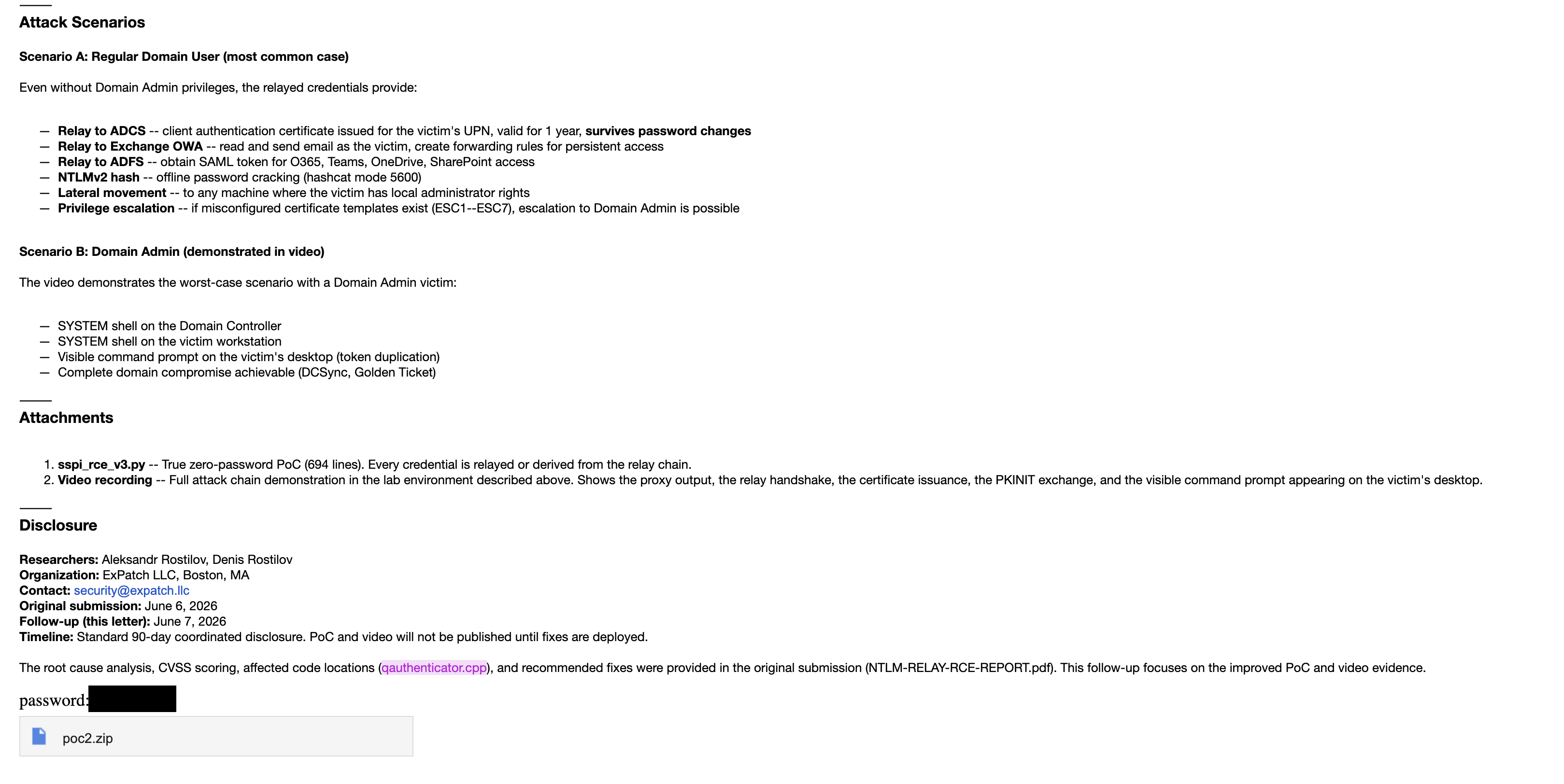 June 7 disclosure of the complete exploit and video