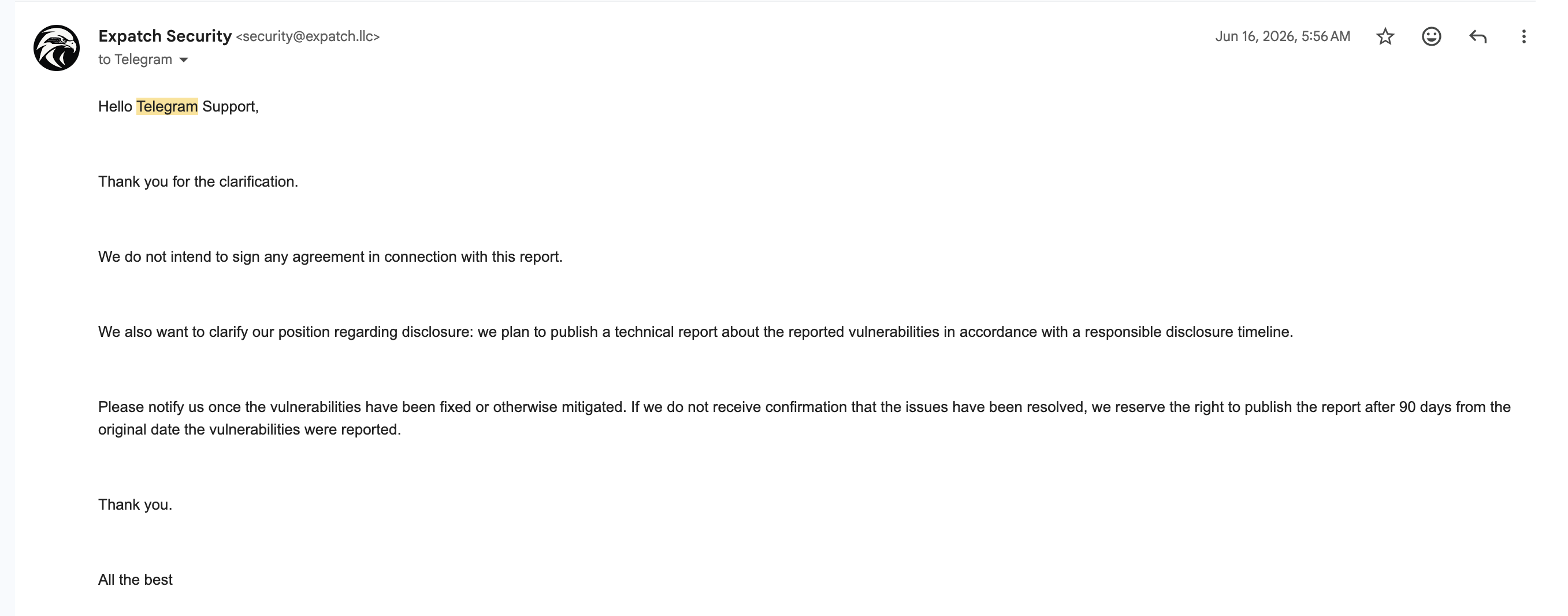 ExPatch’s June 16 responsible-disclosure position
