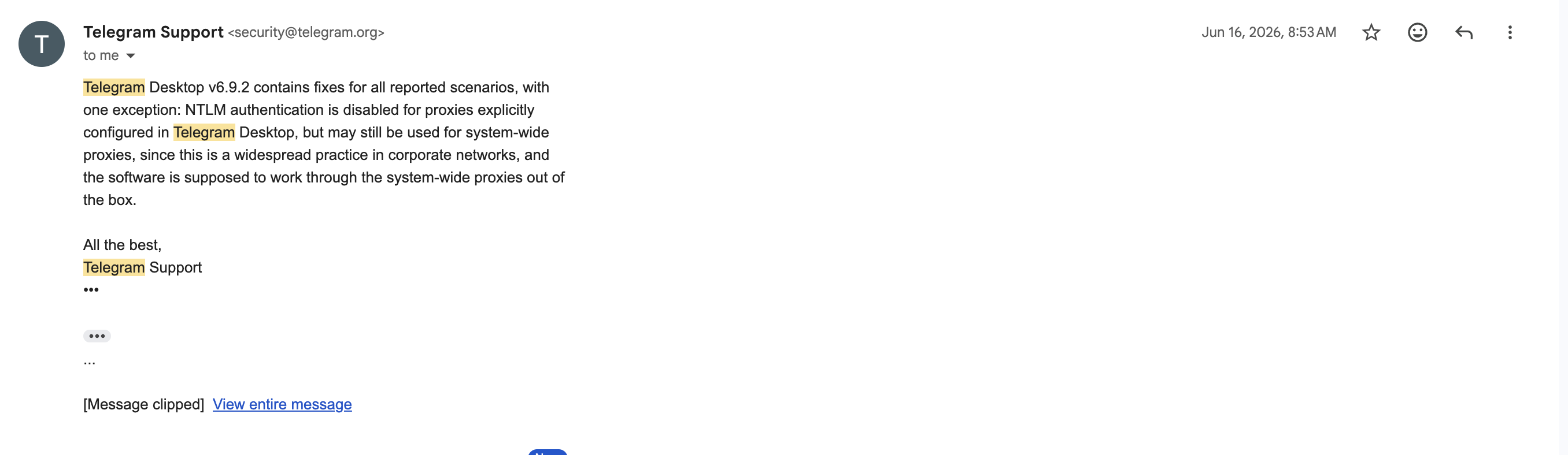 Telegram’s confirmation of fixes in version 6.9.2
